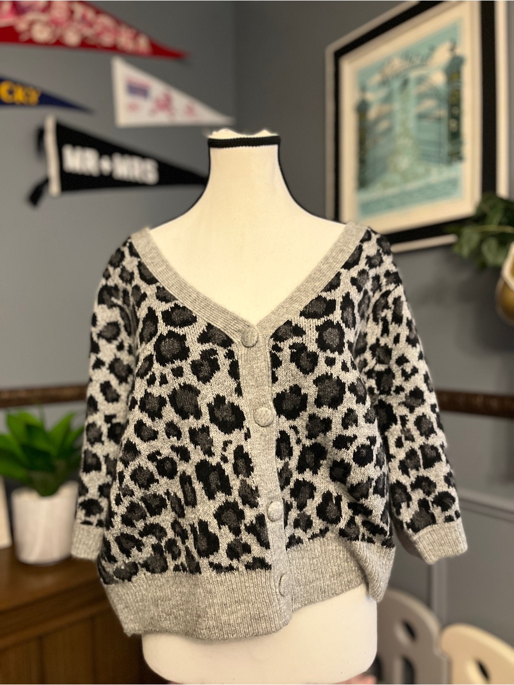 Abercrombie & Fitch Gray and Black Leopard Button-Up Cardigan